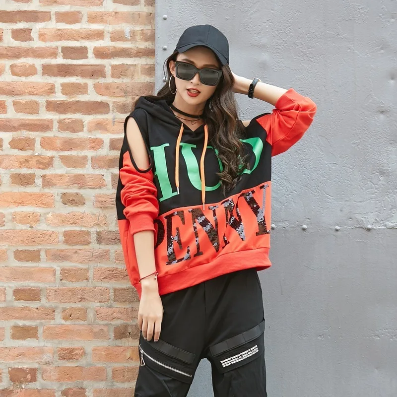 Streetwear Shirt Women's Spring 2020 New Hooded Pullover Long Sleeve Knitted Letter Splicing Thin BF Tops For Women Z3 |