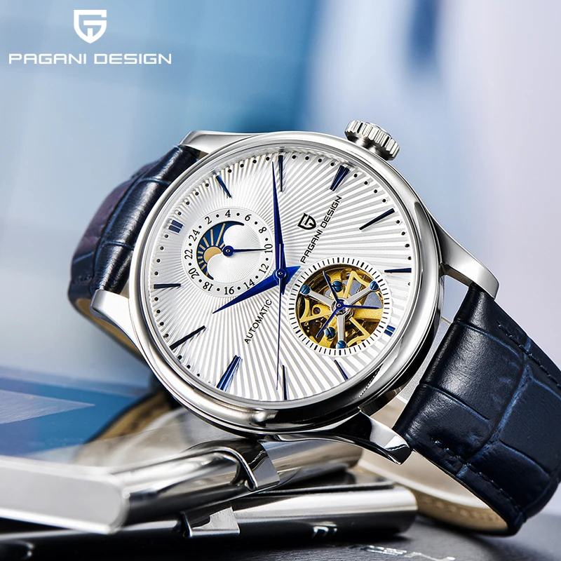 

PAGANI DESIGN Leather Automatic Watches Tourbillon Mechanical Watch Men Luxury Sapphire Crystal Skeleton Moon Phase Wrist Watch