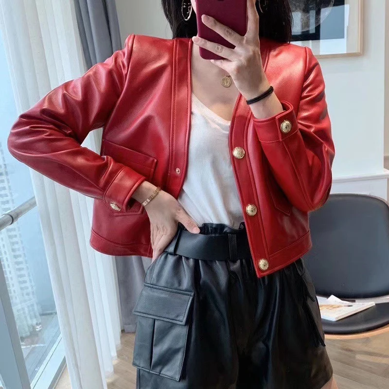 Short Women Coat Spring Clothes Casual V-Neck Genuine Leather Jacket Long Sleeves Slim Style High Quality Sheepskin Lamb Skin
Short Women Coat Spring Clothes Casual V-Neck Genuine Leather Jacket Long Sleeves Slim Style High Quality Sheepskin Lamb Skin