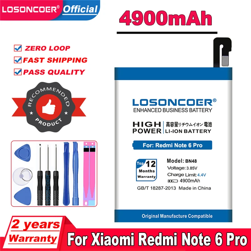 Сменный аккумулятор для телефона LOSONCOER 4900 мАч BN48 XiaoMi Redmi Note 6 Pro | Мобильные
