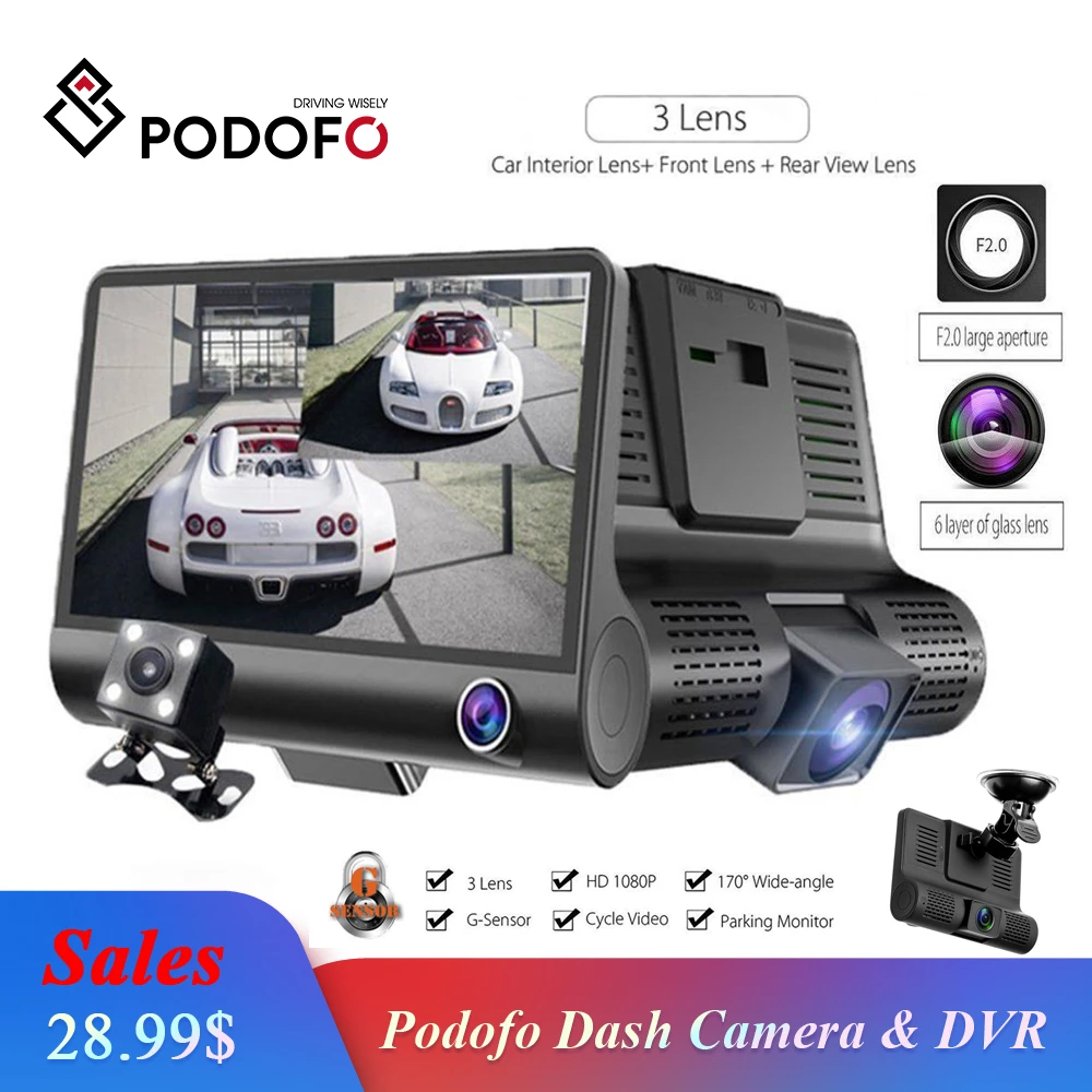 Автомобильный видеорегистратор Podofo 3 камеры с объективом 4 0 дюйма двумя