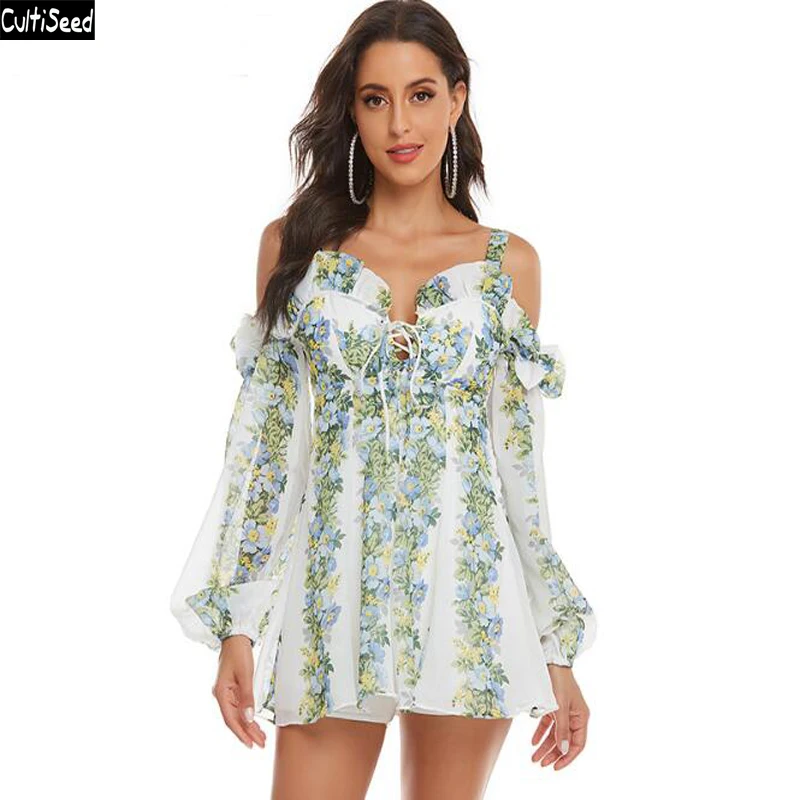 Cultiseed Women Deep V neck Strapless Floral Print Spaghetti Strap Party Dress Female Lacing up Bandage Long Sleeve Mini Dresses 
Cultiseed Women Deep V neck Strapless Floral Print Spaghetti Strap Party Dress Female Lacing up Bandage Long Sleeve Mini Dresses