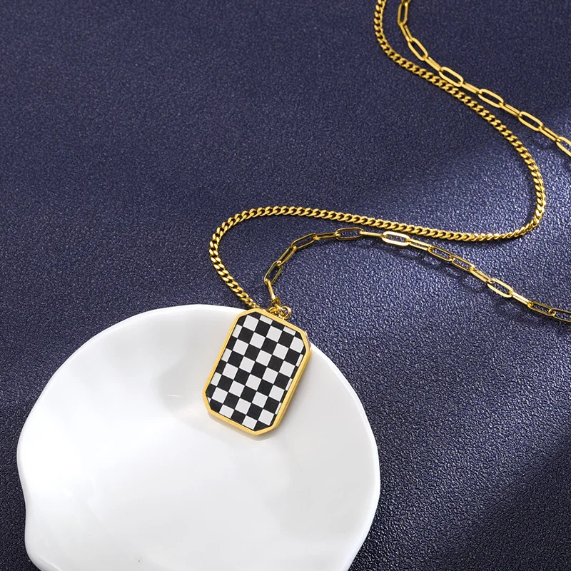 Enamel Black White Checkerboard Necklaces For Women Stainless Steel Gold Rectangular Pendant Necklace Fashion Jewelry Party Gift
Enamel Black White Checkerboard Necklaces For Women Stainless Steel Gold Rectangular Pendant Necklace Fashion Jewelry Party Gift