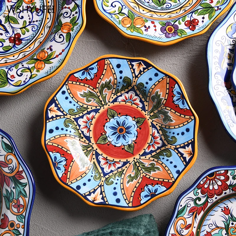 Hand-painted flowers ethnic style ceramic tableware western flat steak salad food snacks dessert cake storage decorative plate
Hand-painted flowers ethnic style ceramic tableware western flat steak salad food snacks dessert cake storage decorative plate