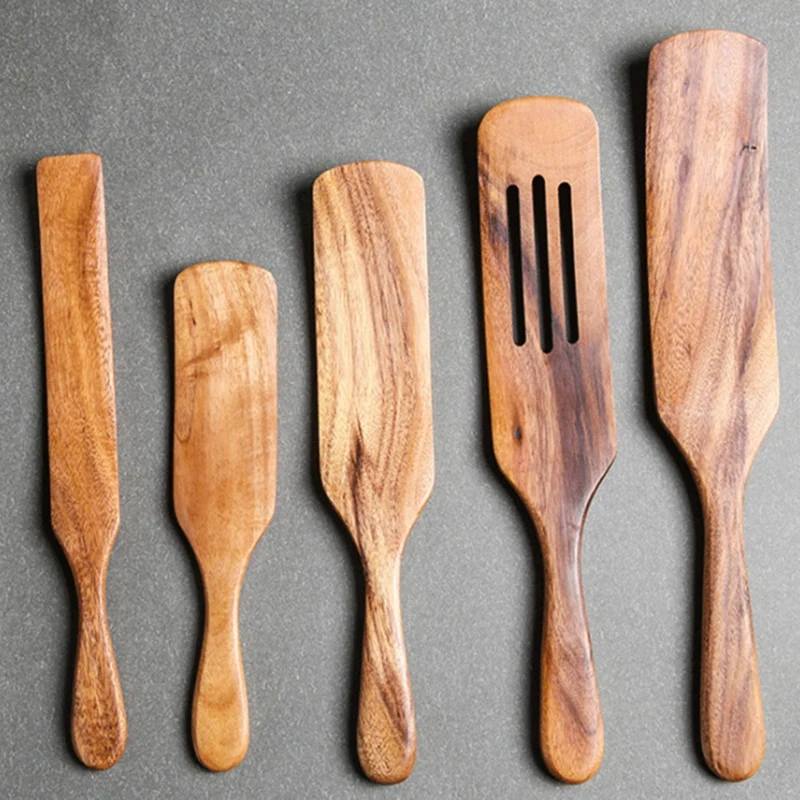 

Long-Handled Acacia Wooden Spatula Sauce Omelette Spatula Wooden Spatula Salad Mixing Drain Spatula, 5PCS