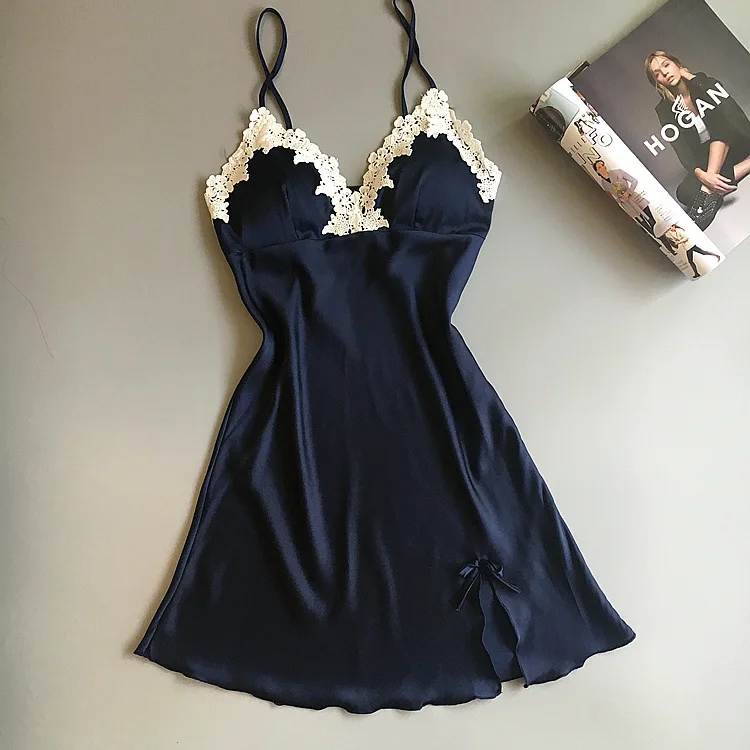 Summer New Blue V-neck Spaghetti Strap Nightdress Lace Flower Nightgown Bowknot Sleepwear Satin Sexy Home Dress M-XL | Женская одежда