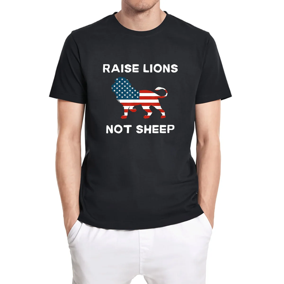 

Raise Lions Not Sheep American Patriot Patriotic Lion Funny Men's Short Sleeve Tops Funny Unisex T-Shirt High Quality Cotton Tee