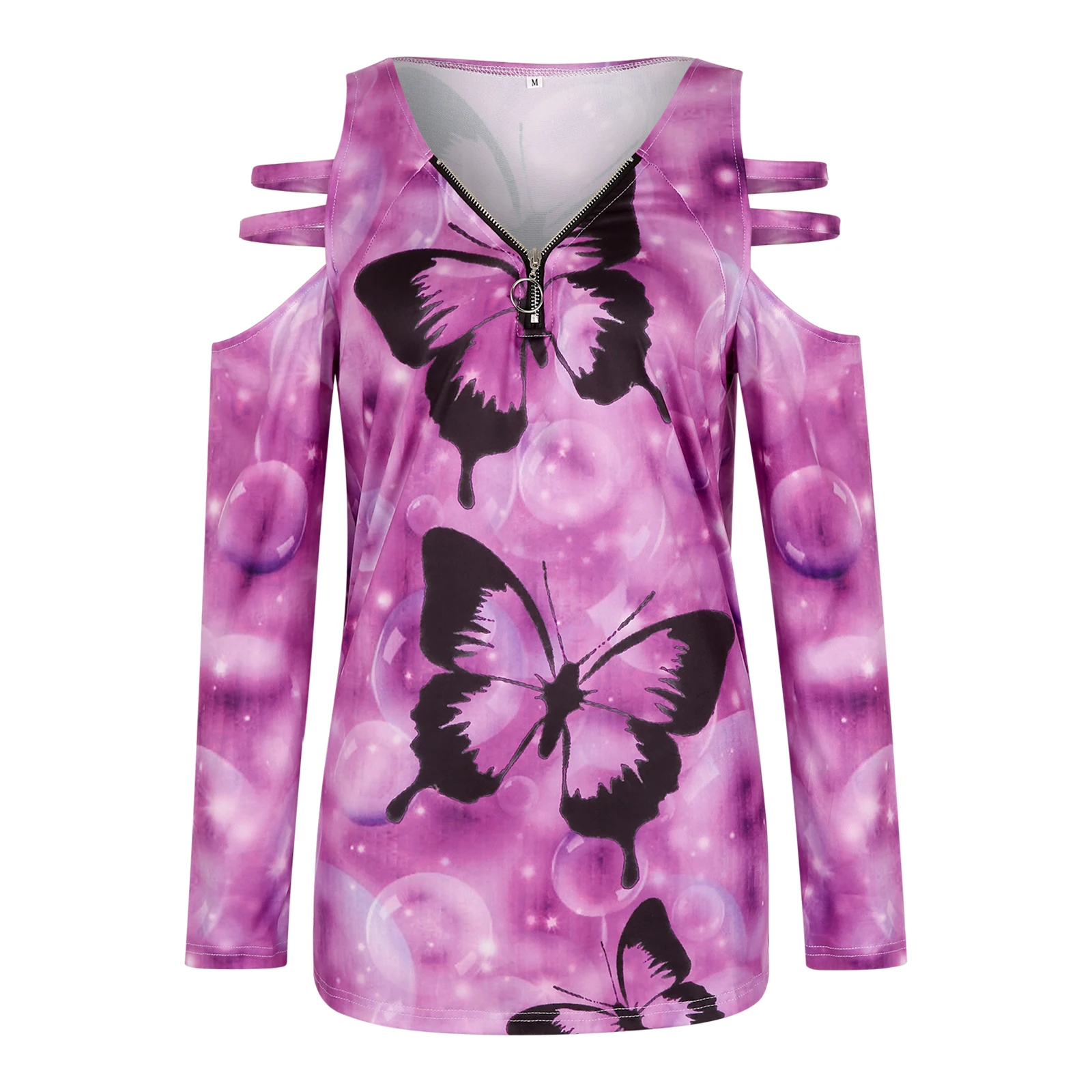 Women Hollow Out Shirt Long Sleeve Zipper V Neck Butterfly Print Ruffle Loose Pullover 
Women Hollow Out Shirt Long Sleeve Zipper V Neck Butterfly Print Ruffle Loose Pullover