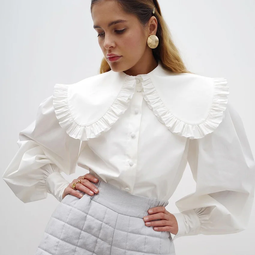 2021 French Style Peter Pan Collar White Cotton Shirt Women's Summer Autumn Long Bubble Sleeve Dress Shirt Wooden Ear Edge OL
2021 French Style Peter Pan Collar White Cotton Shirt Women's Summer Autumn Long Bubble Sleeve Dress Shirt Wooden Ear Edge OL