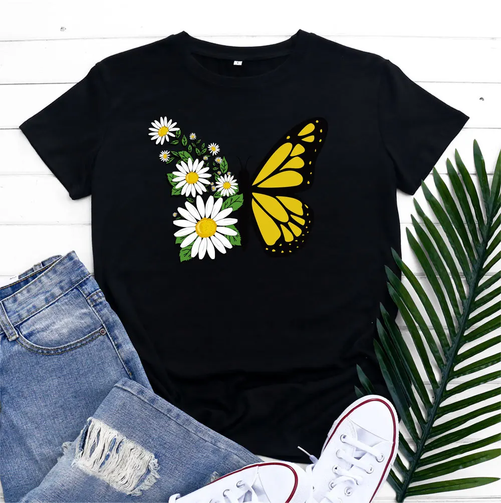 Женская хлопковая Футболка с принтом бабочек, Повседневная футболка с круглым вырезом и коротким рукавом, одежда для лета 
Женская хлопковая Футболка с принтом бабочек, Повседневная футболка с круглым вырезом и коротким рукавом, одежда для лета