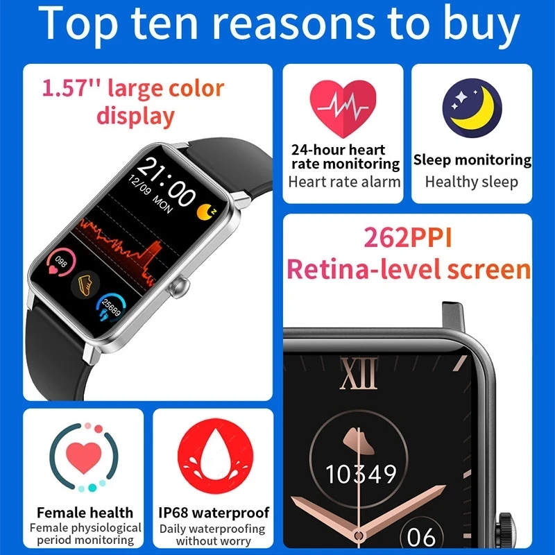 2021 Fashion Women Smart Watches Men Couple Smartwatch 1.57" Color Full Touch Fitness Tracker Clock Ladies For Android IOS |