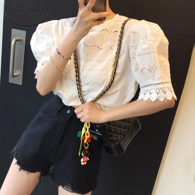 

Korean Style Loose Women Blouses Sweet Puff Short Sleeve Hollow Out Casual Shirt Ladies O Neck Female Summer Women Tops 15181