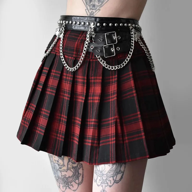 

Contrasting Checkered Leather Webbing Pleated Skirt Japanese JK Uniform High Waist Slimming Ultra-short Stitching Skirt