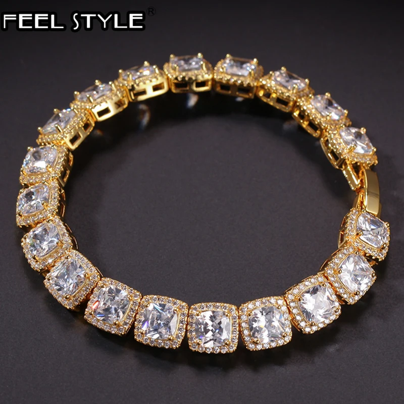 Хип-хоп AAA CZ камень 10 мм 1 ряд Bling Iced Out Кубический Цирконий Браслет Геометрическая