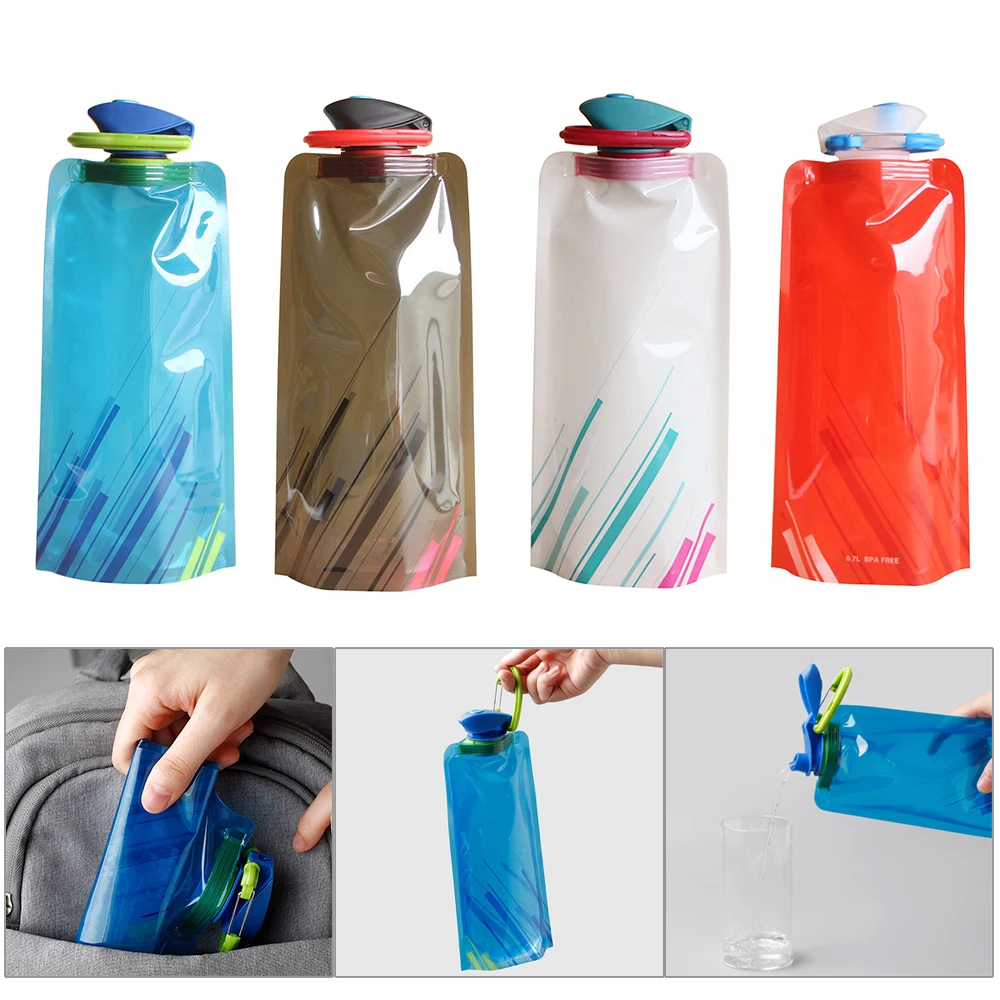 

700ml Travel Portable Collapsible Folding Drinking Water Pot Outdoor Sports Water Bottle Carabiner Water Bottle Bag Camp Bag