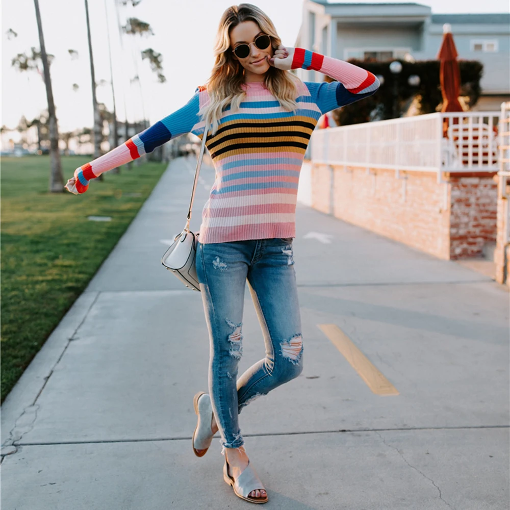 Women Colorful Rainbow Striped Knitted Sweater Autumn Fashion Round Neck Slim Pullovers Casual Long Sleeve Jumper Tops
Women Colorful Rainbow Striped Knitted Sweater Autumn Fashion Round Neck Slim Pullovers Casual Long Sleeve Jumper Tops