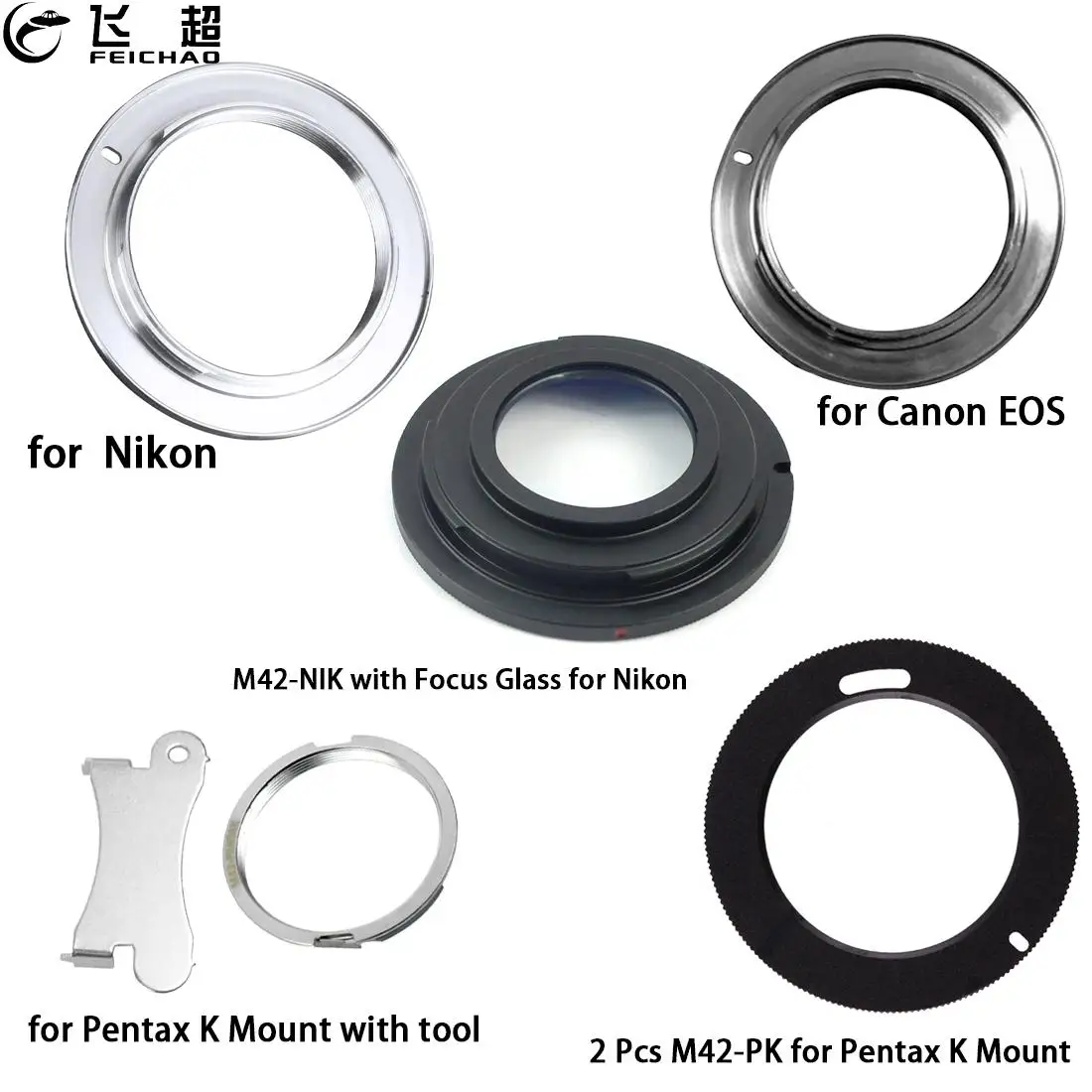 

Feichao Metal Lens Adapter Screw Mount Lens Ring for Canon EOS M42-NIK M42-EOS for Nikon M42-PK for Pentax PK DSLR SLR Camera