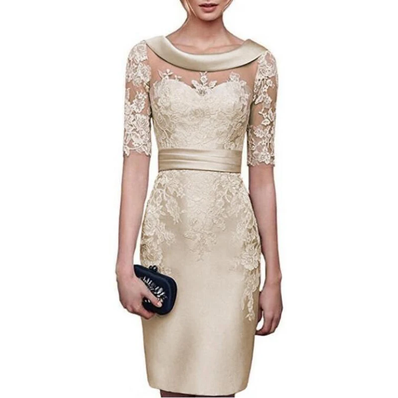 Elegant Nude Lace Knee-length O Neck Mother of the Bride Dresses With Half Sleeves Wedding Guest Gowns Backless
Elegant Nude Lace Knee-length O Neck Mother of the Bride Dresses With Half Sleeves Wedding Guest Gowns Backless