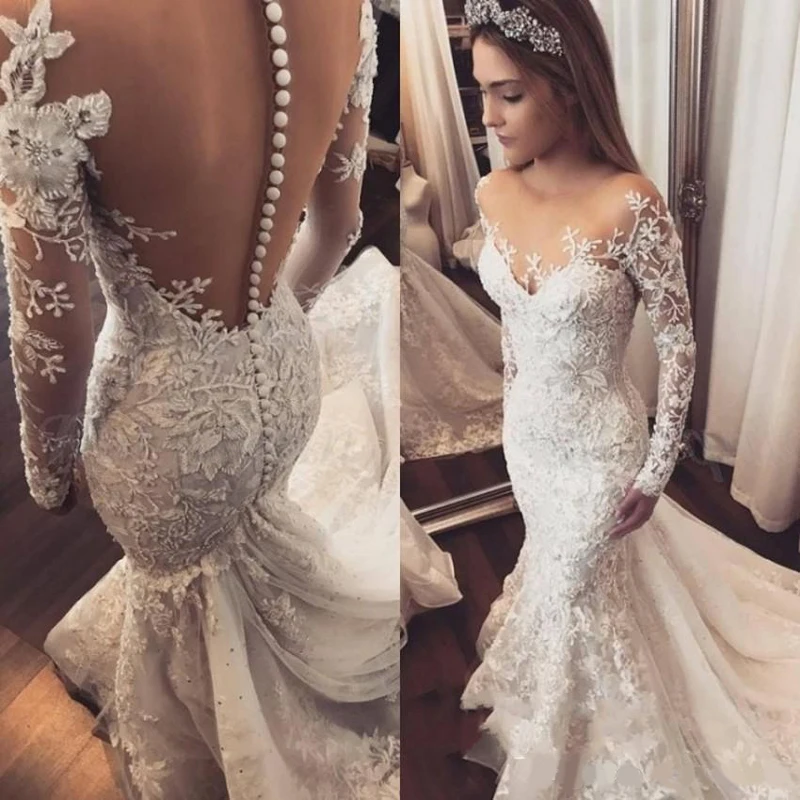 Charming Jewel Neck Lace Mermaid Wedding Dresses Long Sleeve Button Back Applique Bridal Dresses Plus Size Tulle Middle East Wed
Charming Jewel Neck Lace Mermaid Wedding Dresses Long Sleeve Button Back Applique Bridal Dresses Plus Size Tulle Middle East Wed