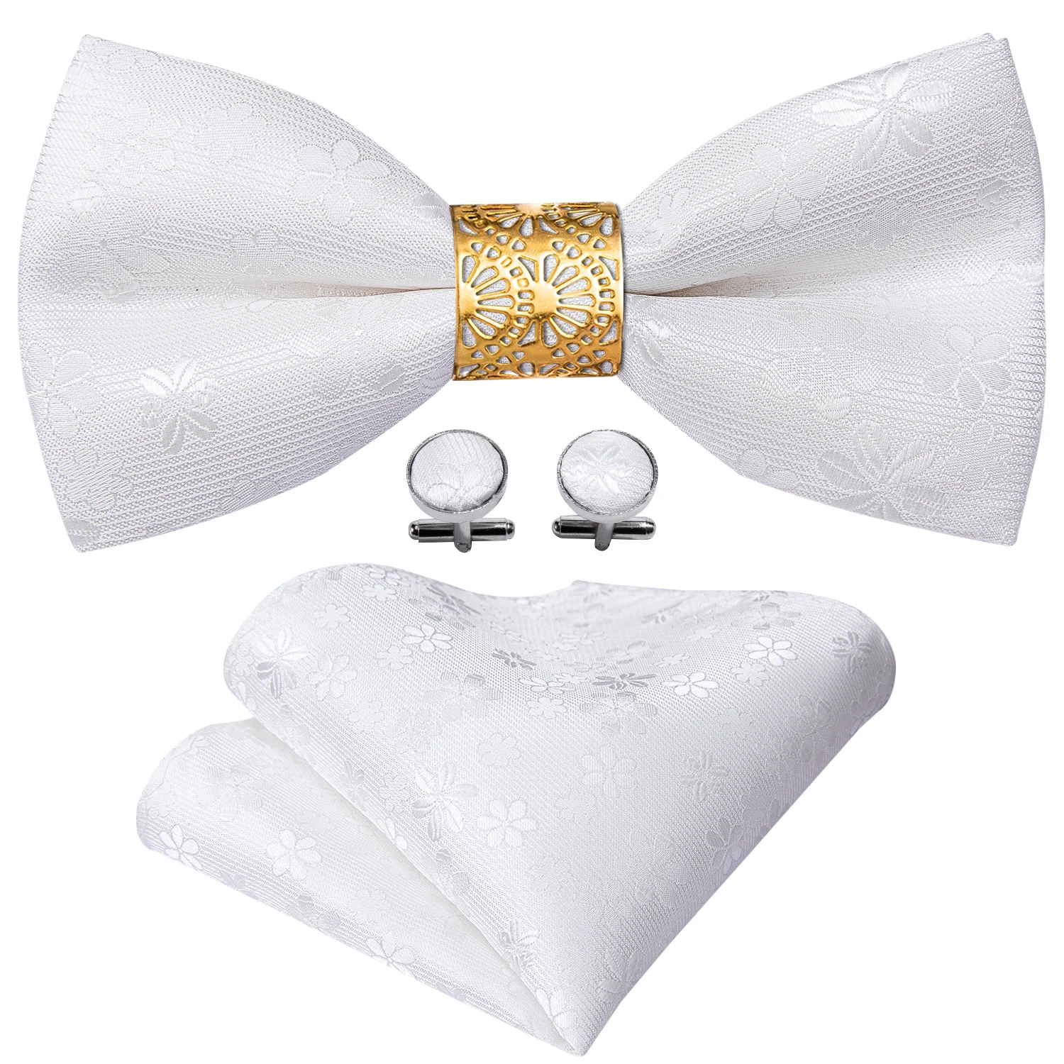 White Floral Silk Pre-Bow Tie For Men Wedding Accessorie Adjustable Butterfly Handky Removable Gold Ring Set Barry.Wang W-844
White Floral Silk Pre-Bow Tie For Men Wedding Accessorie Adjustable Butterfly Handky Removable Gold Ring Set Barry.Wang W-844