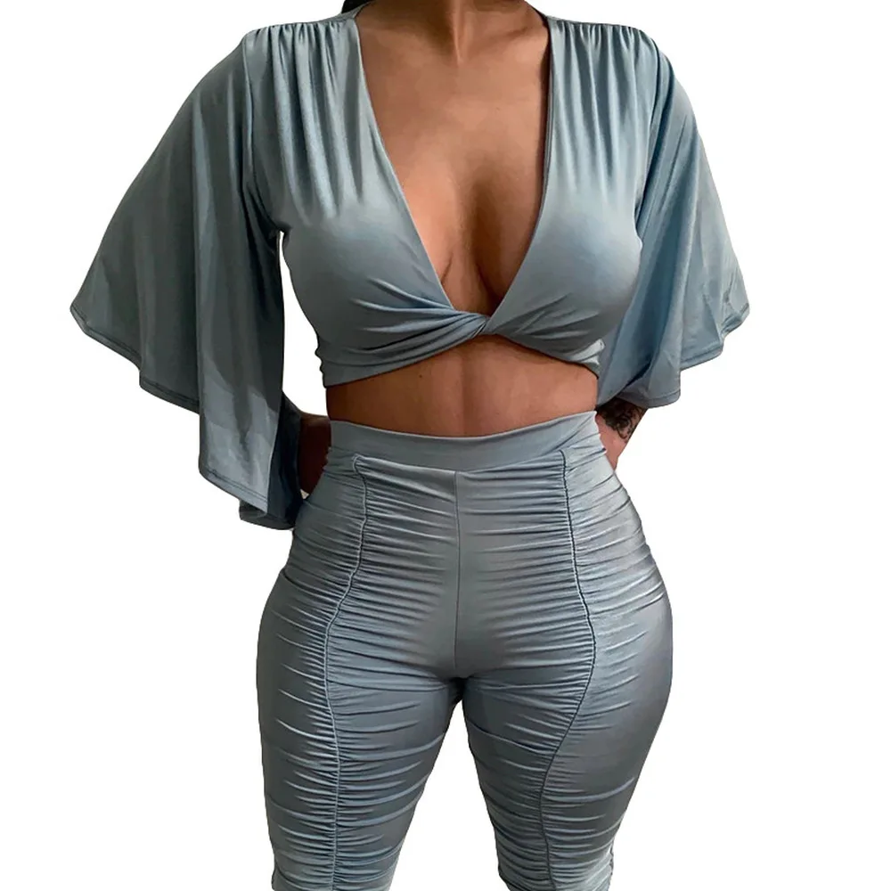 Women Fitness 2 Two Piece Sweatsuits Deep V Neck Batwing Sleeve Crop Top and Ruched Skinny Pant Legging Office Lady Club Outfits 
Women Fitness 2 Two Piece Sweatsuits Deep V Neck Batwing Sleeve Crop Top and Ruched Skinny Pant Legging Office Lady Club Outfits