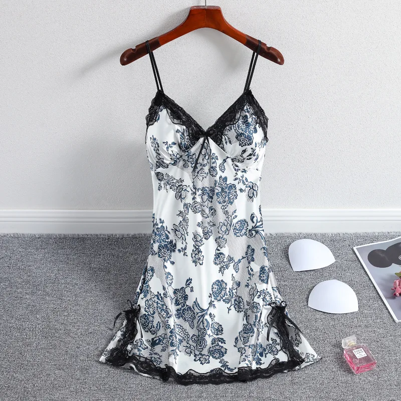 Sexy Spaghetti Strap Nightdress Women Intimate Lingerie Satin Nightgown Print Flower Sleep Dress With Lace Nightwear Homewear
Sexy Spaghetti Strap Nightdress Women Intimate Lingerie Satin Nightgown Print Flower Sleep Dress With Lace Nightwear Homewear