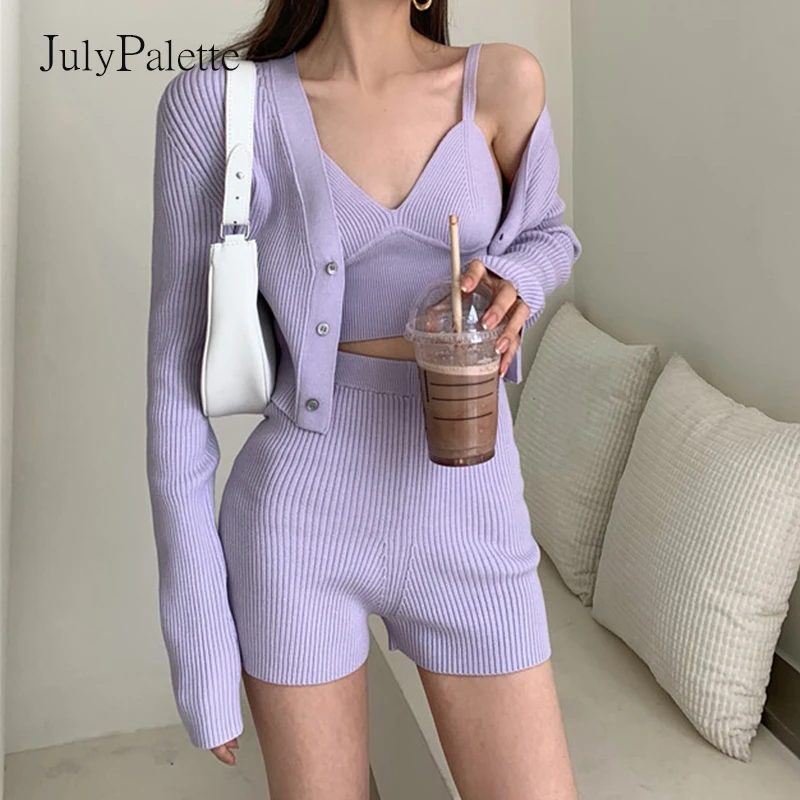 Julypalette Women 3 pieces Knitted Set Autumn Full Sleeve Short Cardigan+Crop Vest+High Waist Shorts Sexy Female Sweater Outfits
Julypalette Women 3 pieces Knitted Set Autumn Full Sleeve Short Cardigan+Crop Vest+High Waist Shorts Sexy Female Sweater Outfits