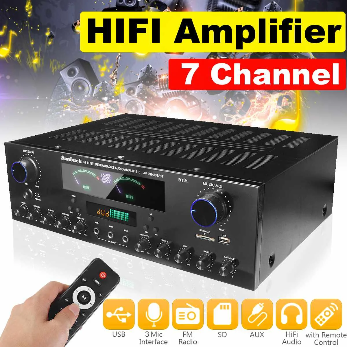SUNBUCK 3000 Вт bluetooth 7-канальный аудио усилитель мощности 110 В 220 в AV Amp динамик с