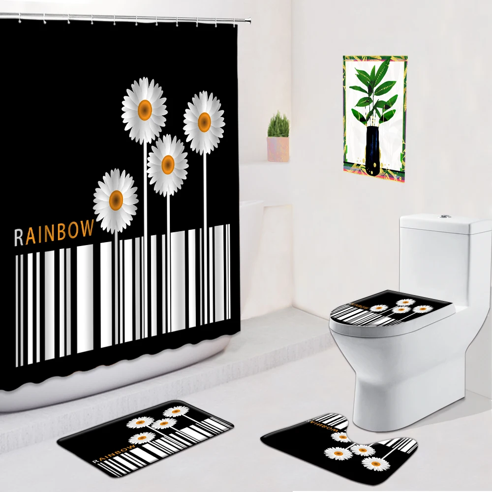 Daisy flower Bathroom Set Shower Curtain Black And White Stripes Floral Flannel Non-Slip Rug Bath mats Toilet Cover Mat Foot Pad
Daisy flower Bathroom Set Shower Curtain Black And White Stripes Floral Flannel Non-Slip Rug Bath mats Toilet Cover Mat Foot Pad