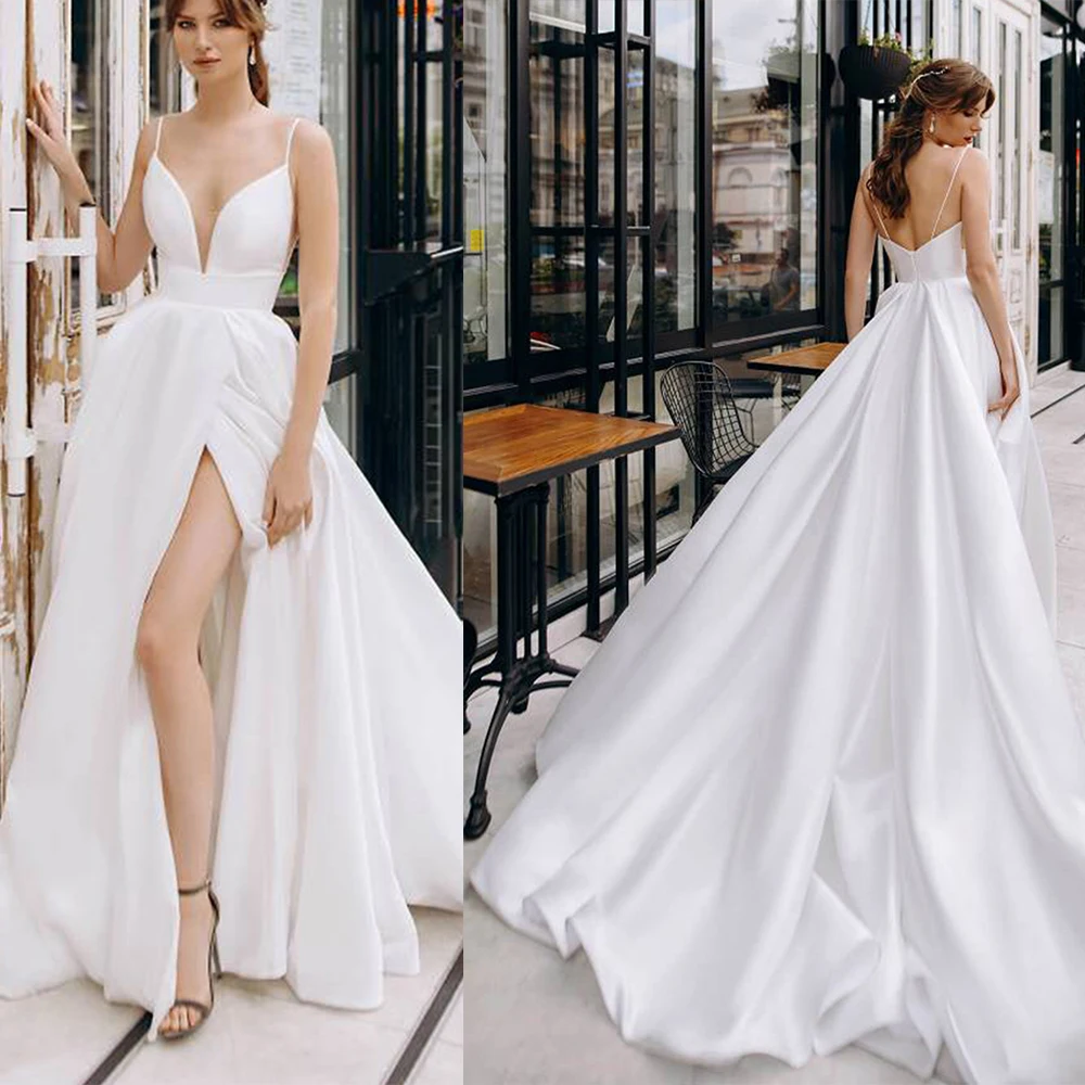 Elegant V Neck Spaghetti Straps Satin Wedding Dress Boho Backless High Split Bridal Gowns Robe De Mariee
Elegant V Neck Spaghetti Straps Satin Wedding Dress Boho Backless High Split Bridal Gowns Robe De Mariee