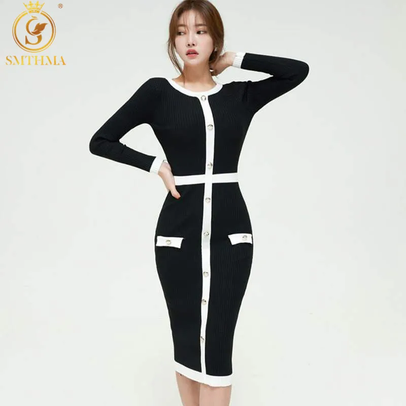 SMTHMA New Winter Color Matching Office Elastic Knitted Dress Women Single-Breasted Long Sleeve Work Bodycon Vestidos
SMTHMA New Winter Color Matching Office Elastic Knitted Dress Women Single-Breasted Long Sleeve Work Bodycon Vestidos