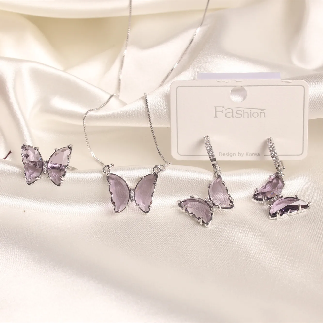 2020 Korean new dedesign fashion jewelry exquisite copper inlaid zircon glass butterfly purple pink earrings for women | Украшения и