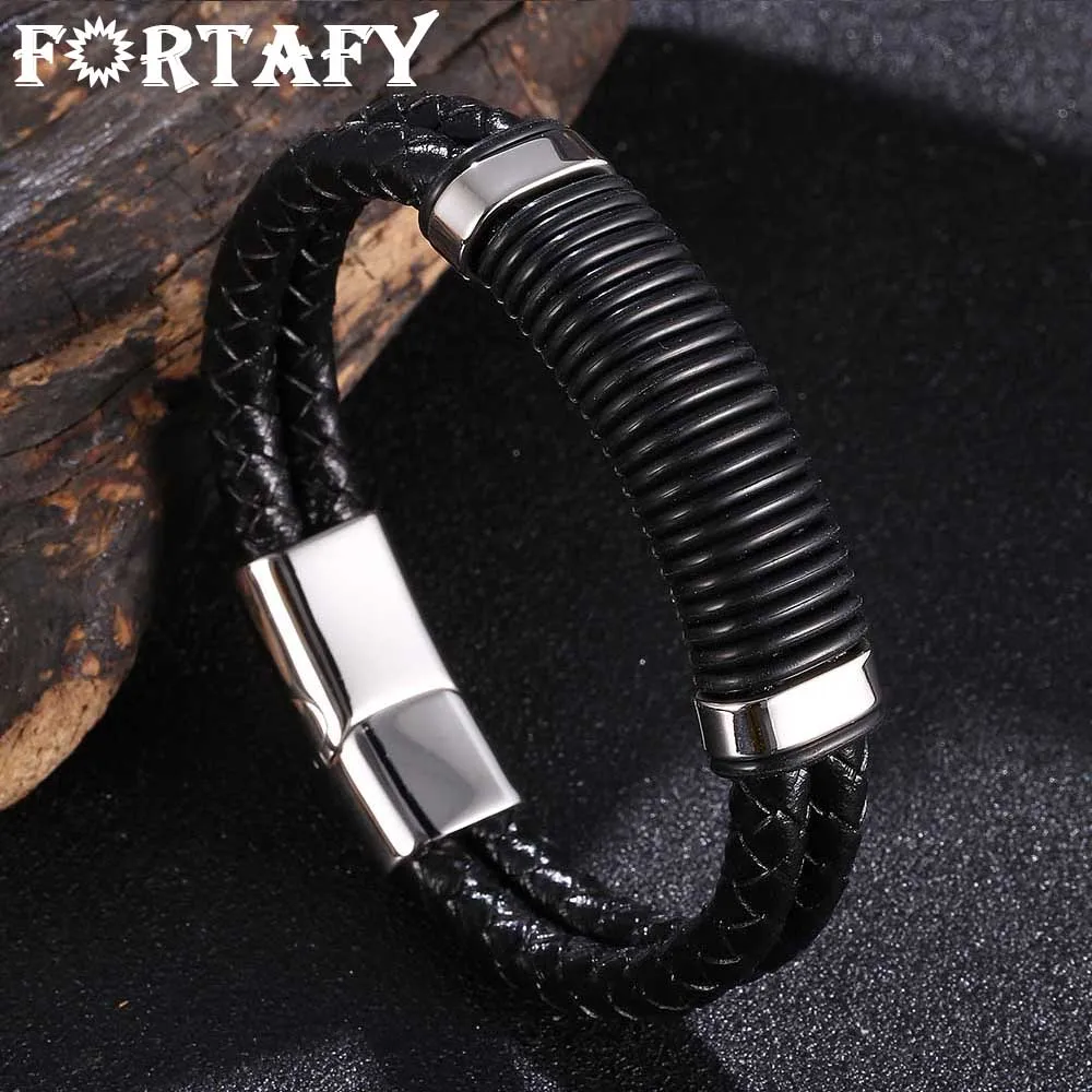 

FORTAFY Punk Stainless Steel Charm Magnetic Black Men Bracelet Leather Genuine Braided Bangles Male Jewelry Accessories FR1071