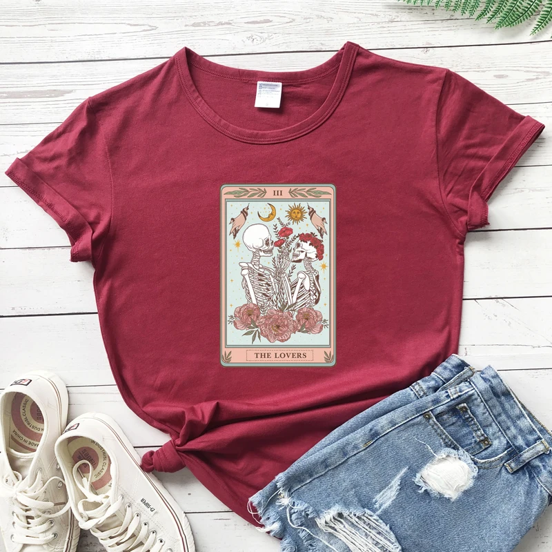 The Lovers Tarot Card Colored T-shirt Mystical Sun And Moon Witchy Skeleton Couple Top Fashion Women Valentine's Day Gift Tshirt | Женская
