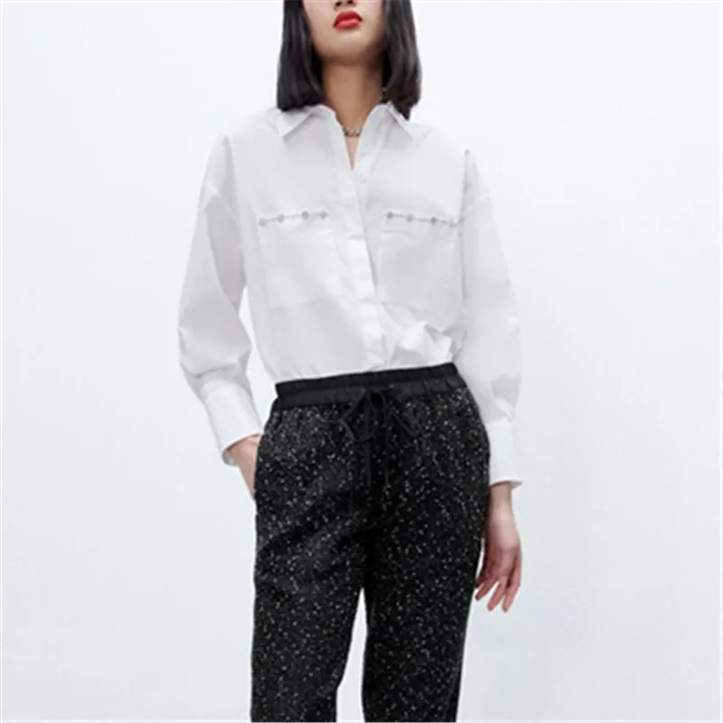 Spring New Women's Versatile Casual Loose White Pocket Faux Jeweled Poplin Long Sleeve Lapel Shirt
Spring New Women's Versatile Casual Loose White Pocket Faux Jeweled Poplin Long Sleeve Lapel Shirt