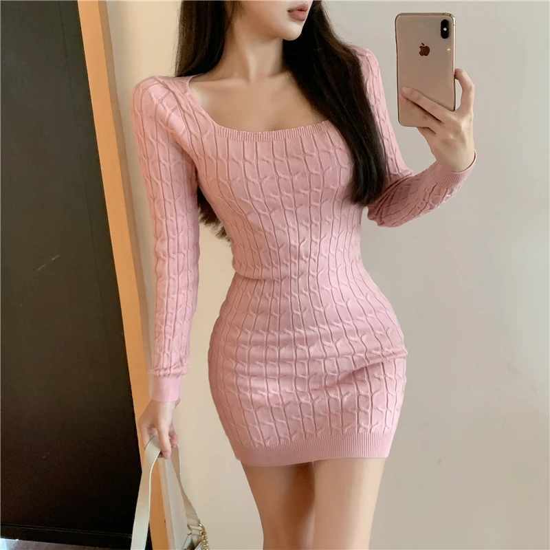Sexy Slim Sweet Knitted Twist Long Sleeve Square Pink Dress Women Mini Vestido Feminino Wild Solid Party Wrap Hip Black White
Sexy Slim Sweet Knitted Twist Long Sleeve Square Pink Dress Women Mini Vestido Feminino Wild Solid Party Wrap Hip Black White