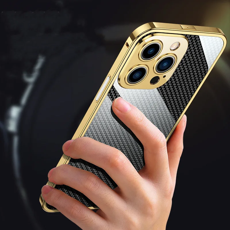 

Luxury Real Carbon Fiber Stainless Steel Case For iPhone 13 Pro Max 12 11 Camera Len Protect Cover