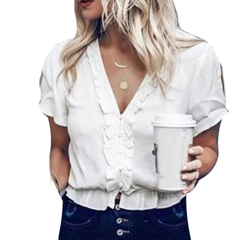 Casual Women Shirt Solid Color Short Sleeve Deep V Neck Ruffled Hem Blouse Top Elegant fashion summer top Slim Ruffle V Neck
Casual Women Shirt Solid Color Short Sleeve Deep V Neck Ruffled Hem Blouse Top Elegant fashion summer top Slim Ruffle V Neck