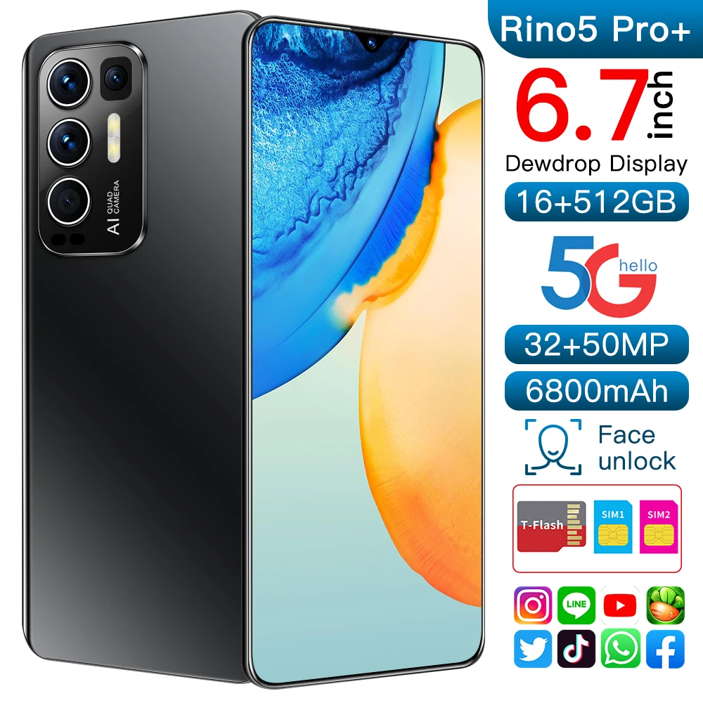 Rino5 Pro Smartphones 6800mAh Newest 6.7Inch 16+512GB Face Fingerprint Unlock Mobile Phone MTK6889 50MP Andriod11.0 Cellphones
Rino5 Pro Smartphones 6800mAh Newest 6.7Inch 16+512GB Face Fingerprint Unlock Mobile Phone MTK6889 50MP Andriod11.0 Cellphones