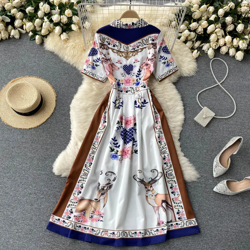 Summer Fashion Designer Short Sleeve Turn Down Collar Floral Animal Print Midi Dresses for Women Casual Aline Vintage Vestidos
Summer Fashion Designer Short Sleeve Turn Down Collar Floral Animal Print Midi Dresses for Women Casual Aline Vintage Vestidos