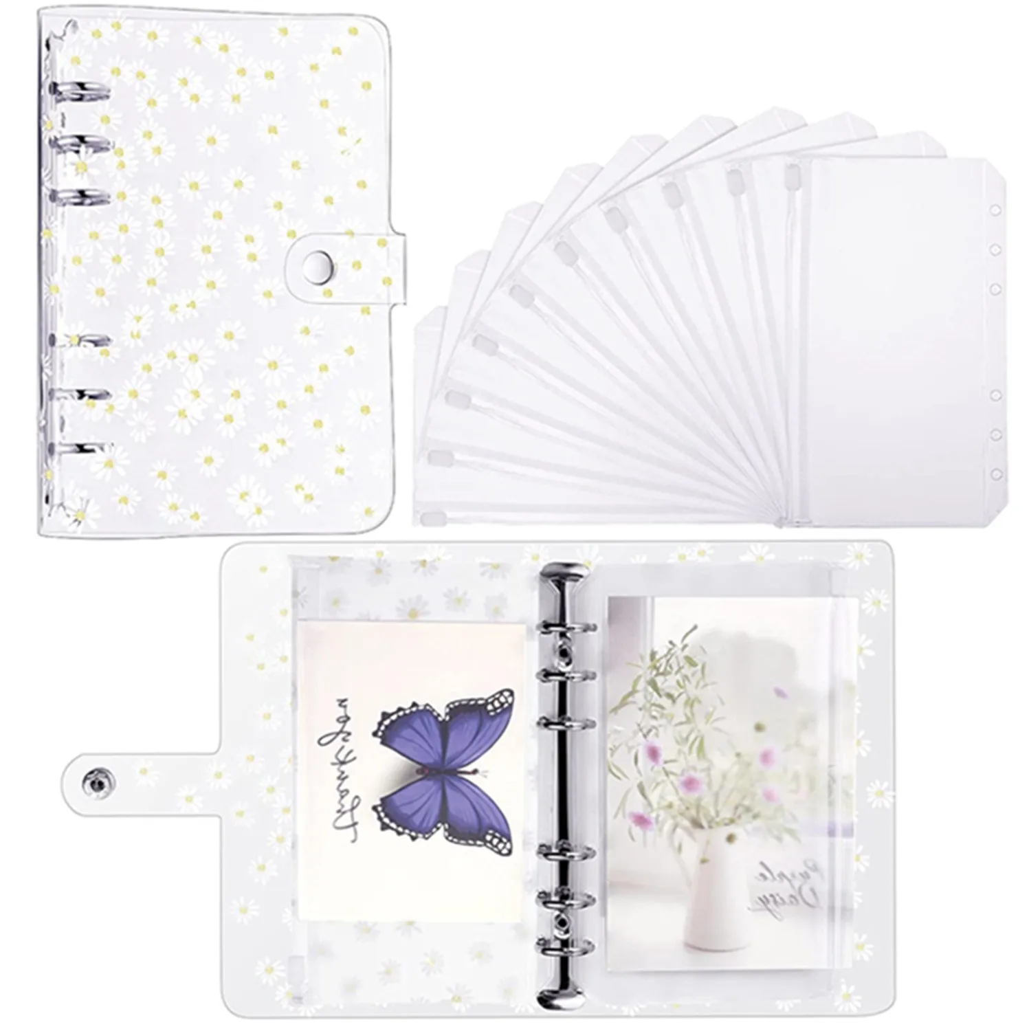 Daisy 6 Ring A6 Binder PVC Waterproof Notebook Cover with 10 Pieces 6 Holes Zipper Pockets Notebook Binder Folders School Office
Daisy 6 Ring A6 Binder PVC Waterproof Notebook Cover with 10 Pieces 6 Holes Zipper Pockets Notebook Binder Folders School Office