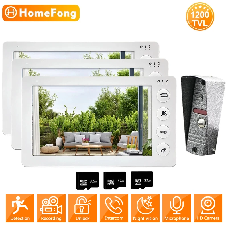 

HomeFong 7 Inch Video Door Phone Intercom System for Villa 3 Monitors 1 Doorbell Camera 1200TVL IP65 with Motion Sensor Unlock