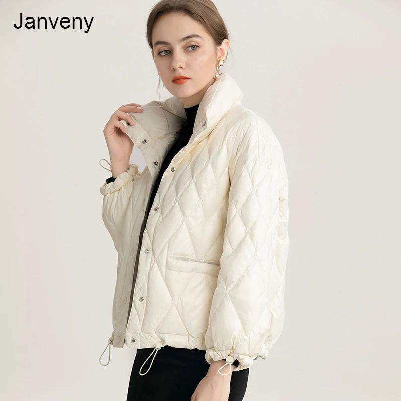 

Janveny Winter 90% White Duck Down Jacket Batwing Sleeve Loose Pocket Coat Short Puffer Feather Female Parkas Thick Warm Outwear
