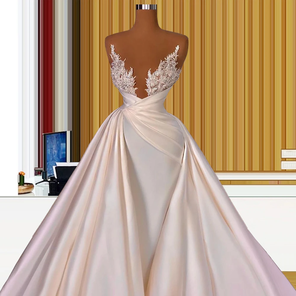 Атласное свадебное платье с коротким рукавом и длинным шлейфом Дубай съемный
