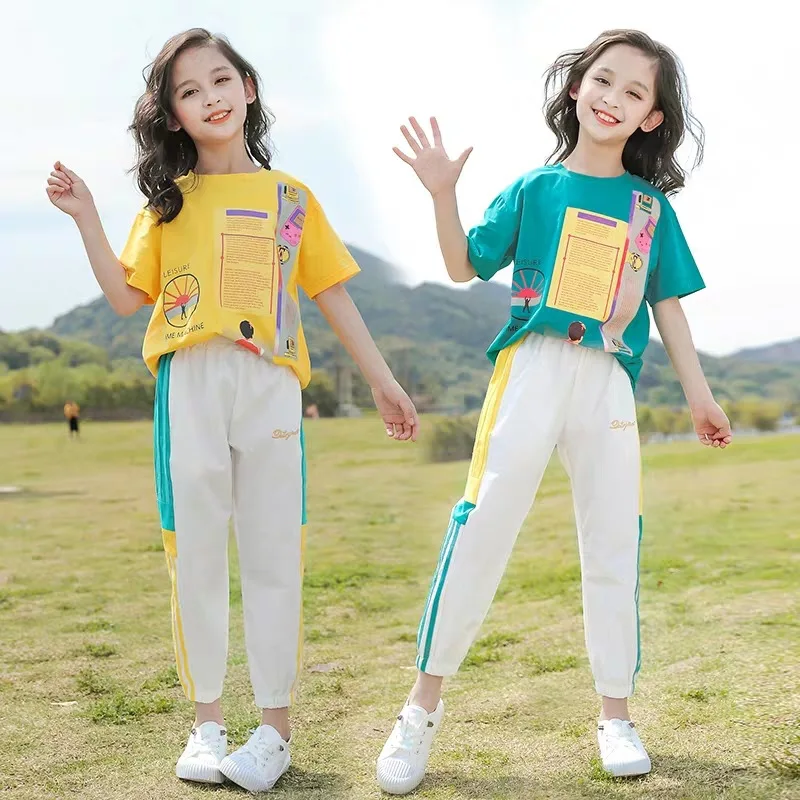 

Summer Toddler Kids Sports Suit Green /Yellow Pattern T Shirt+Trouers 2pcs Tracksuit Teenage Girls Casual Clothing