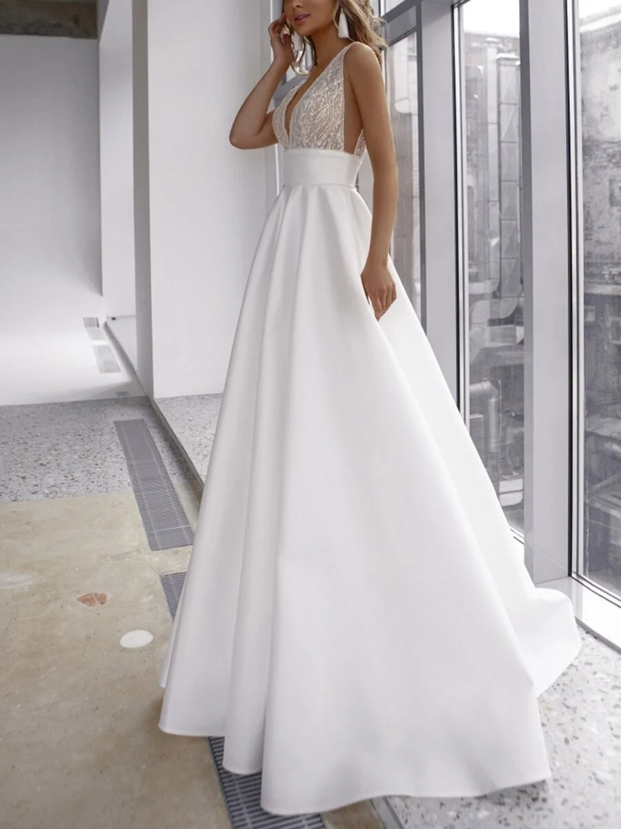 Stunning Women Lace Satin V Back Sleeveless Wedding Dress Custom Belt Long Train Bohemian Bridal Gown
Stunning Women Lace Satin V Back Sleeveless Wedding Dress Custom Belt Long Train Bohemian Bridal Gown