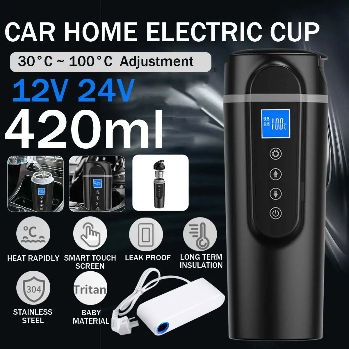 KROAK 420 мл Нержавеющая сталь автомобиля нагревательная чашка 12V/24V Электрический стакана воды ЖК-дисплей Дисплей Температура чайник Кофе Чай ... 
KROAK 420 мл Нержавеющая сталь автомобиля нагревательная чашка 12V/24V Электрический стакана воды ЖК-дисплей Дисплей Температура чайник Кофе Чай ...
