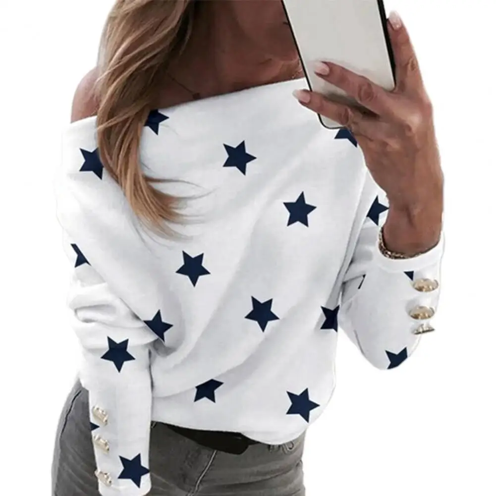 Женская блузка с открытыми плечами, хлопковая футболка с длинным рукавом и золотым принтом звезд/сердец, элегантный деловой пуловер
Женская блузка с открытыми плечами, хлопковая футболка с длинным рукавом и золотым принтом звезд/сердец, элегантный деловой пуловер