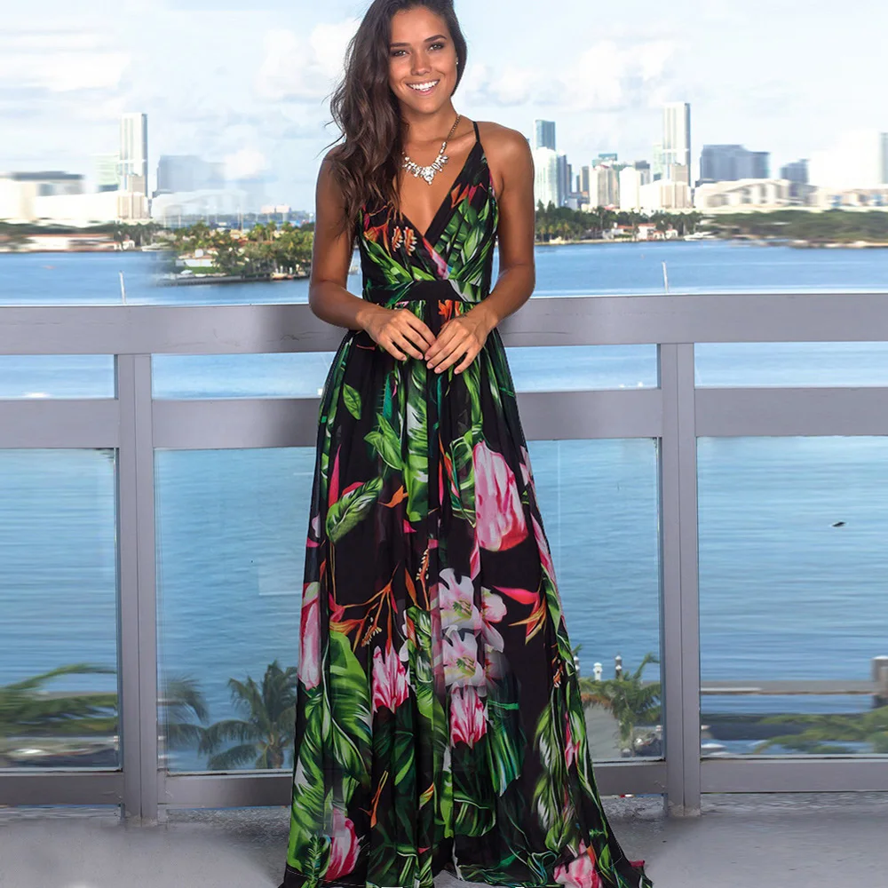 Summer Women Sleeveless Dress Halter Beach Vacation Wear Bohemian Style Floral Sexy V Neck Female Ladies Holiday Long Dress
Summer Women Sleeveless Dress Halter Beach Vacation Wear Bohemian Style Floral Sexy V Neck Female Ladies Holiday Long Dress