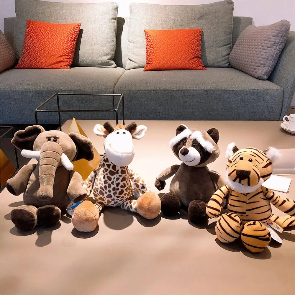 

about 25cm cartoon jungle elephant , giraffe, raccoon and tiger plush toy soft doll one lot/4 pieces, Xmas gift b2590